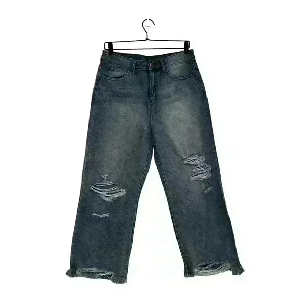 Rewash Brand Jeans High Rise Distressed Raw Hem Stone Wash Wide Leg Size 9 - Picture 1 of 7